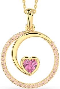 Large Pink Sapphire & Morganite Gold Heart Circle Necklace