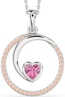 Large Pink Sapphire & Morganite Platinum Heart Circle Necklace