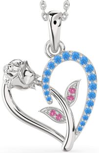 Swiss Blue Topaz & Pink Sapphire Platinum Heart Flower Necklace