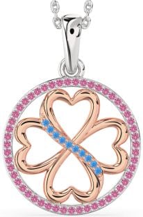 Swiss Blue Topaz & Pink Sapphire Platinum & Rose Gold Clover Circle Necklace