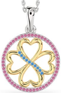 Swiss Blue Topaz & Pink Sapphire Platinum & Yellow Gold Clover Circle Necklace