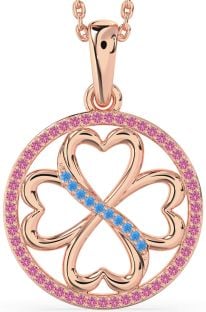 Swiss Blue Topaz & Pink Sapphire Rose Gold Clover Circle Necklace