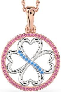 Swiss Blue Topaz & Pink Sapphire Platinum & Rose Gold Clover Circle Necklace