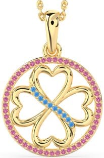 Swiss Blue Topaz & Pink Sapphire Gold Clover Circle Necklace