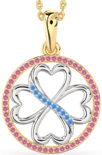 Swiss Blue Topaz & Pink Sapphire Platinum & Yellow Gold Clover Circle Necklace