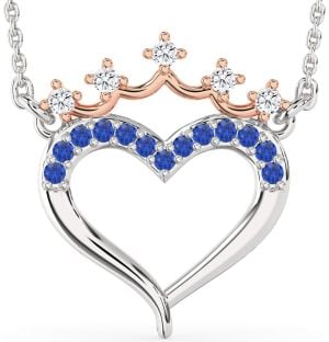 Diamond & Blue Sapphire Platinum & Rose Gold Heart Crown Necklace