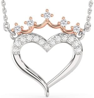 Diamond Platinum & Rose Gold Heart Crown Necklace