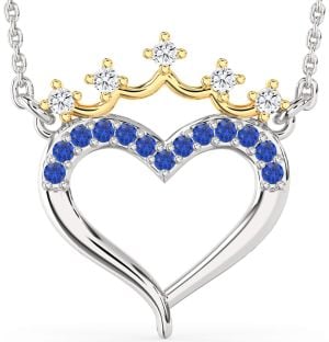 Diamond & Blue Sapphire Platinum & Yellow Gold Heart Crown Necklace