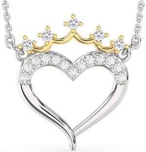 Diamond Platinum & Yellow Gold Heart Crown Necklace