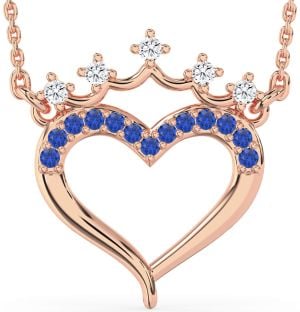 Diamond & Blue Sapphire Rose Gold Heart Crown Necklace