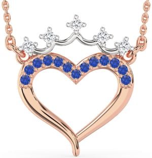 Diamond & Blue Sapphire Platinum & Rose Gold Heart Crown Necklace