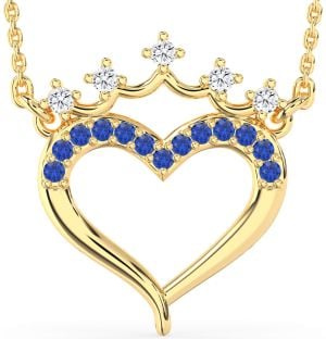 Diamond & Blue Sapphire Gold Heart Crown Necklace