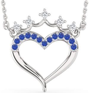 Diamond & Blue Sapphire Platinum Heart Crown Necklace
