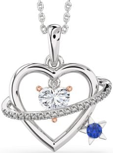 Diamond & Blue Sapphire Platinum & Rose Gold Heart Star Necklace