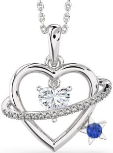 Diamond & Blue Sapphire Platinum Heart Star Necklace