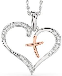 Large Diamond Platinum & Rose Gold Heart Cross Necklace