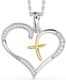 Large Diamond Platinum & Yellow Gold Heart Cross Necklace