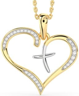 Large Diamond Platinum & Yellow Gold Heart Cross Necklace