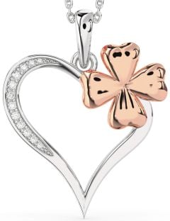 Large Diamond Platinum & Rose Gold Heart Clover Necklace