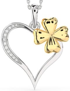 Large Diamond Platinum & Yellow Gold Heart Clover Necklace