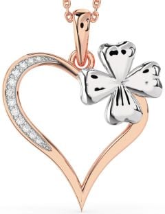 Large Diamond Platinum & Rose Gold Heart Clover Necklace