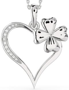 Large Diamond Platinum Heart Clover Necklace