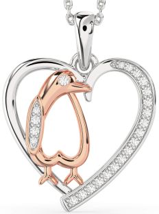 Diamond Platinum & Rose Gold Heart Penguin Necklace