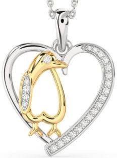 Diamond Platinum & Yellow Gold Heart Penguin Necklace