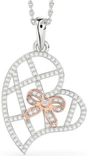 Diamond Platinum & Rose Gold Heart Bow Necklace