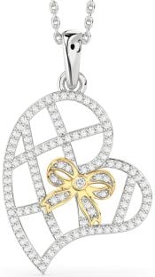 Diamond Platinum & Yellow Gold Heart Bow Necklace