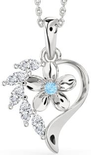 Diamond & Aquamarine Platinum Heart Flower Necklace