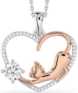 Large Diamond Platinum & Rose Gold Heart Cat Necklace