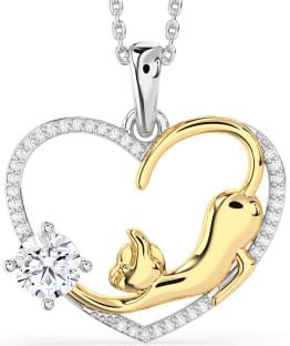 Large Diamond Platinum & Yellow Gold Heart Cat Necklace