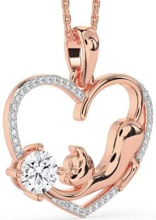 Large Diamond Rose Gold Silver Heart Cat Necklace