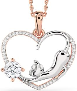 Large Diamond Platinum & Rose Gold Heart Cat Necklace