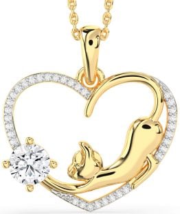 Large Diamond Gold Silver Heart Cat Necklace