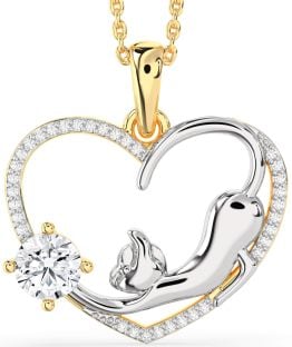 Large Diamond Platinum & Yellow Gold Heart Cat Necklace