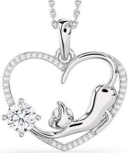 Large Diamond Platinum Heart Cat Necklace