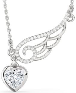 Large Diamond Silver Heart Wings Necklace