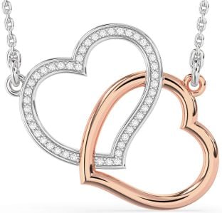 Large Diamond Platinum & Rose Gold Heart Interlock Necklace