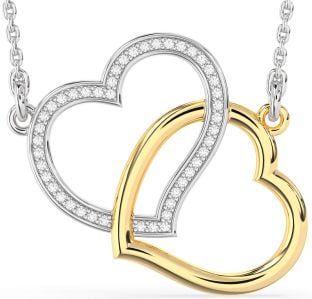 Large Diamond Platinum & Yellow Gold Heart Interlock Necklace