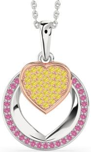 Yellow Diamond & Pink Sapphire Platinum & Rose Gold Heart Circle Necklace