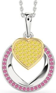 Yellow Diamond & Pink Sapphire Platinum & Yellow Gold Heart Circle Necklace