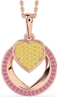 Yellow Diamond & Pink Sapphire Rose Gold Heart Circle Necklace