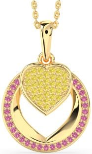 Yellow Diamond & Pink Sapphire Gold Heart Circle Necklace