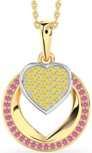 Yellow Diamond & Pink Sapphire Platinum & Yellow Gold Heart Circle Necklace