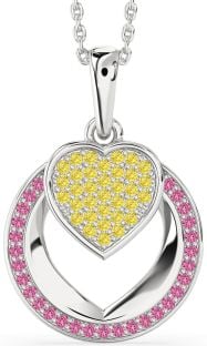 Yellow Diamond & Pink Sapphire Platinum Heart Circle Necklace