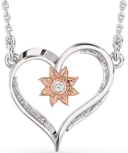 Diamond Platinum & Rose Gold Heart Sun Necklace