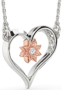 Diamond Platinum & Rose Gold Heart Sun Necklace
