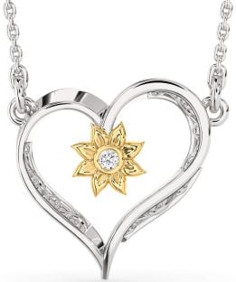 Diamond Platinum & Yellow Gold Heart Sun Necklace